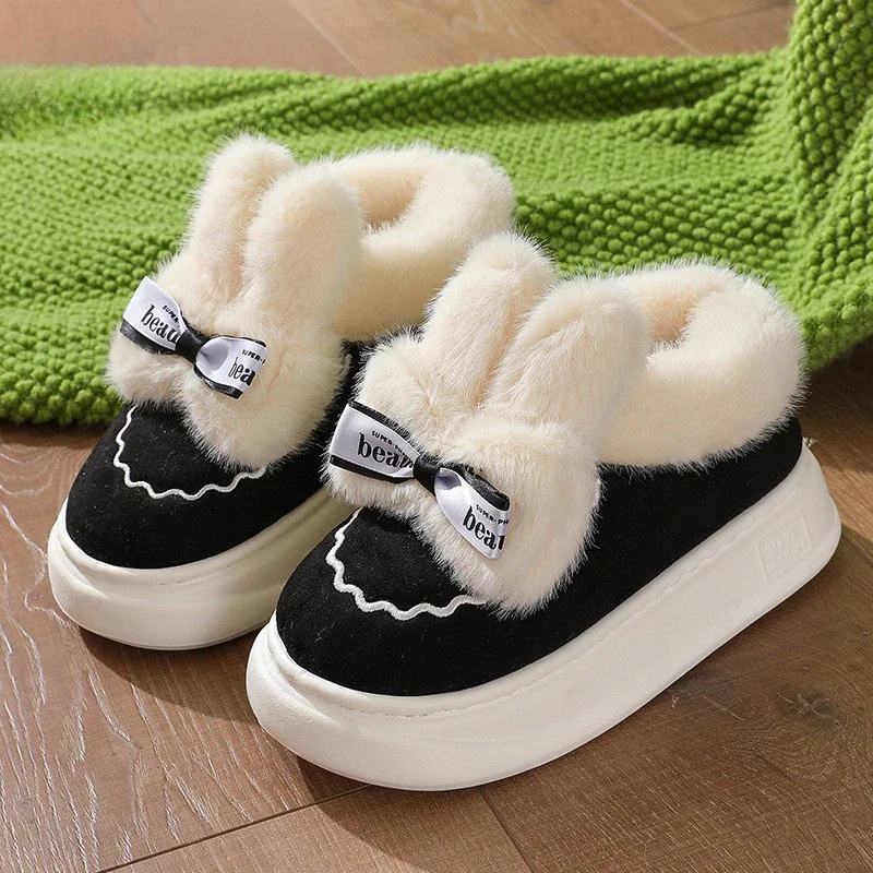 Winter Faux Suède Katoenen Slippers Voor Dames Winter Thuis Konijn Strik Katoenen Slippers Voor Warmte, Nieuwe Dikke Zolen Prinses Stijl