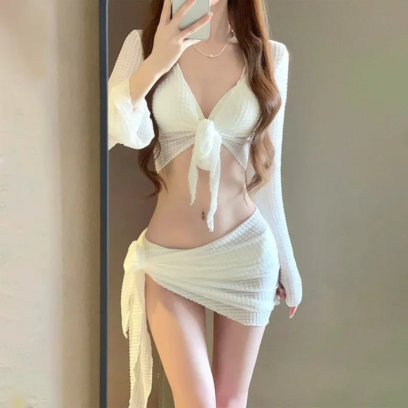 

Women's 4 Piece Long Sleeve Knit Bikini Set Sexy Push-Up Swimsuit with Cover-Up Elegant Resort Swimwear for Vacation Beach