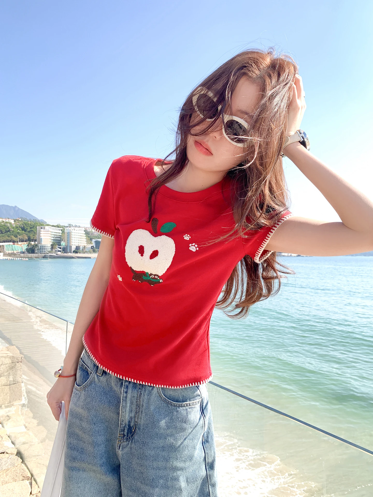 

Zeng Xiao Salted Design ort Sve Women's T-irt Floing Red Slim Fit Summer ort Sle Korean Commute Sle
