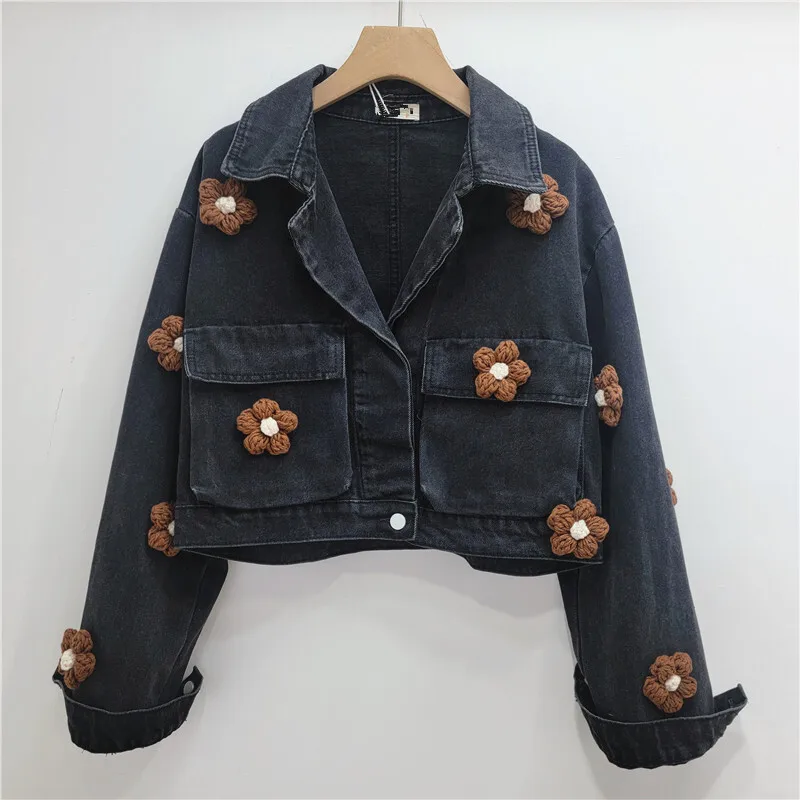 [zoci] Three Dimensional Flower Loose Short Denim Jacket, Trendy Denim Clothing, Silhouette Jacket, Top