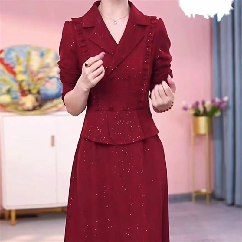 Korean Women High-end Fake Two-piece Maxi Dress Autumn Femme Large Size 5XL Long Dresses Winter Ladies Solid Color Long Vestidos