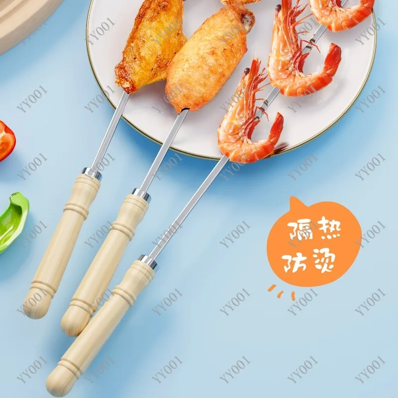 

304 Stainless Steel BBQ Skewers Wooden Handle Flat Needles for Kebab Grill Tools