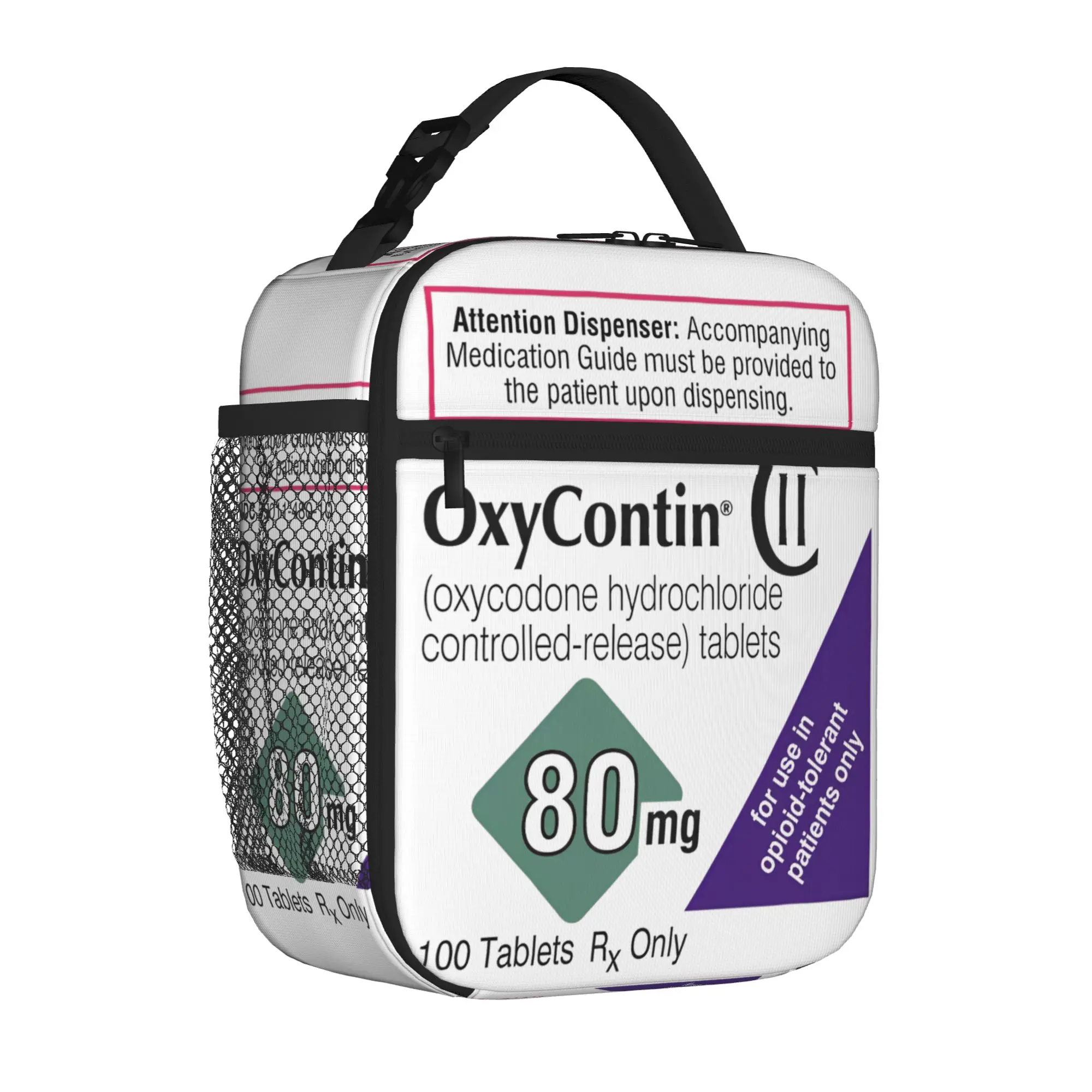 Oxycontin 80mg Label Tote Insulated Lunch Bag  Handheld Food Bags Reusable Thermal Cooler For Work Washable Bento Box