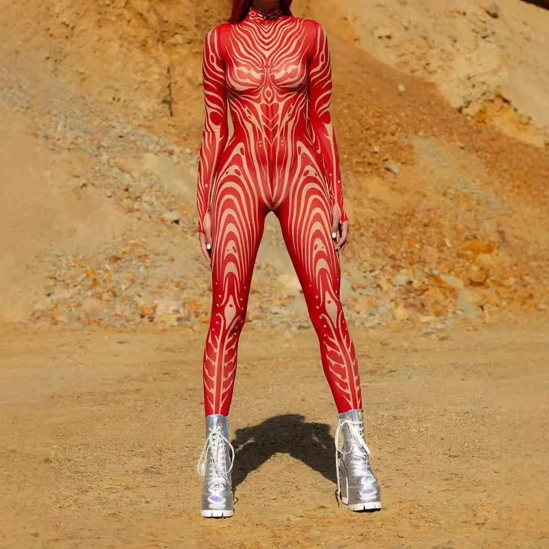 Women Red Phantom Mesh Jumpsuit Wood Shell Mesh Bodysuit Halloween Zentai Suit Outdoor Adventure Theme Party Catsuit Rave 7A40ZS