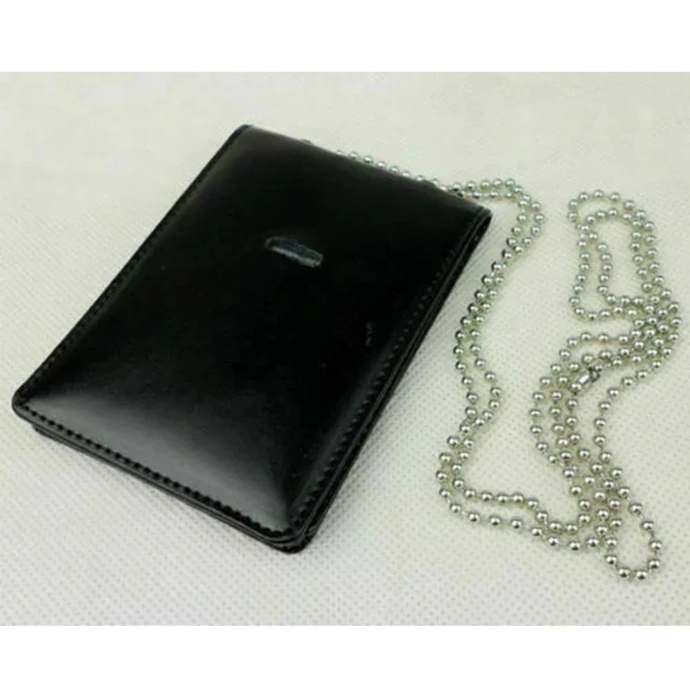 Tactical Black Leather Military Badge ID Card Wallet Holder Case With Neck Chain Gift Souvenir