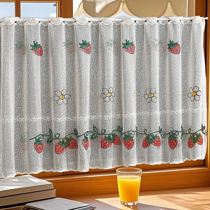 

Window Valance Fruit Embroidery Short Sheer Coffee Curtains Grommet Top Postal Style Farmhouse 200x85cm Simple Wind Curtain