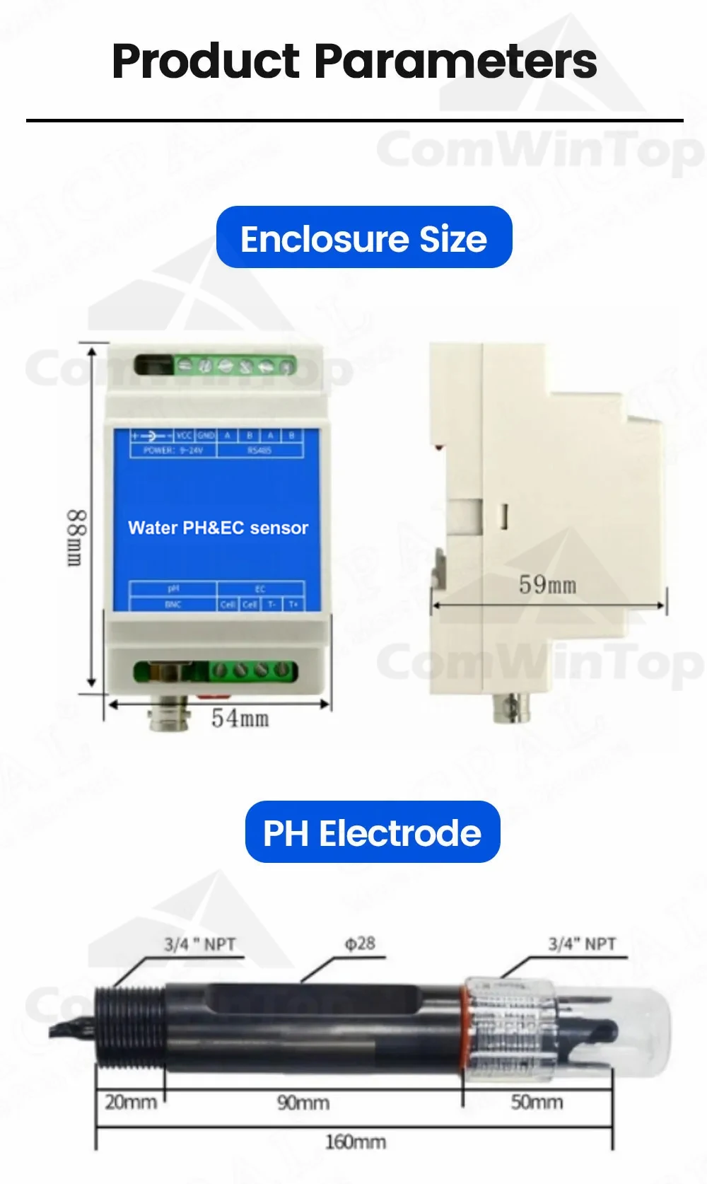 Water PH Temperature Transmitter Detection Sensor Module Voltage 0-5V 0-10V 4-20mA RS485 Output PH sensor PH electrode BNC