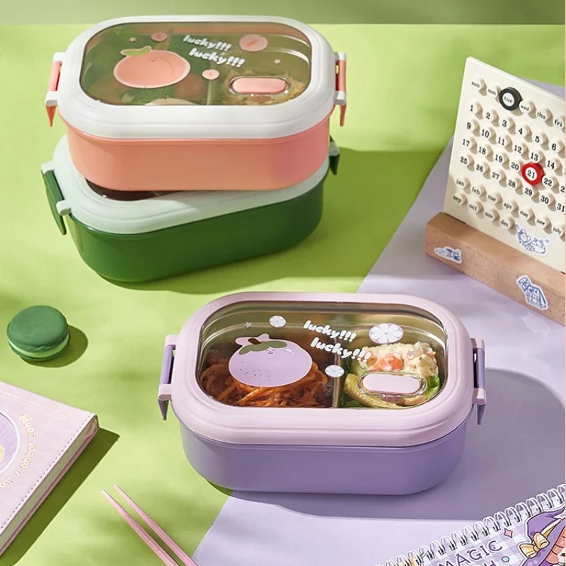 Two Grids Lunch Box Stainless Steel Heat Preservation Fruit Pattern Bento Box for Students with Sealing Buckle Food Containers