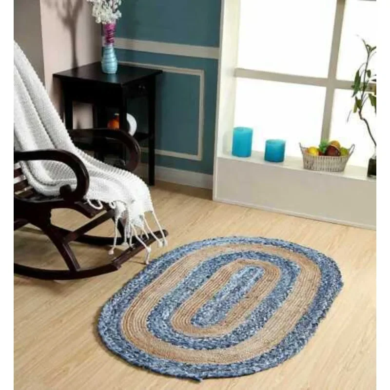 Oval Shape Rug Natural Jute & Denim Rustic Look Area Rug Farmhouse Braided Rugs