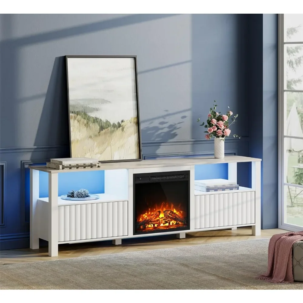 Soporte para TV con chimenea de 70 pulgadas con chimenea eléctrica de 18 pulgadas y luz LED de 16 colores, centro de entretenimiento de madera para televisores de arriba