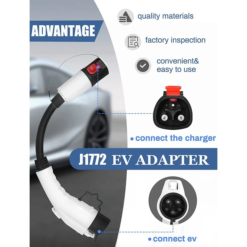 J1772 EV Adapter, 60 Amp 250V AC, For Tesla High Powered Connector, Destination Charger, And Mobile Connector