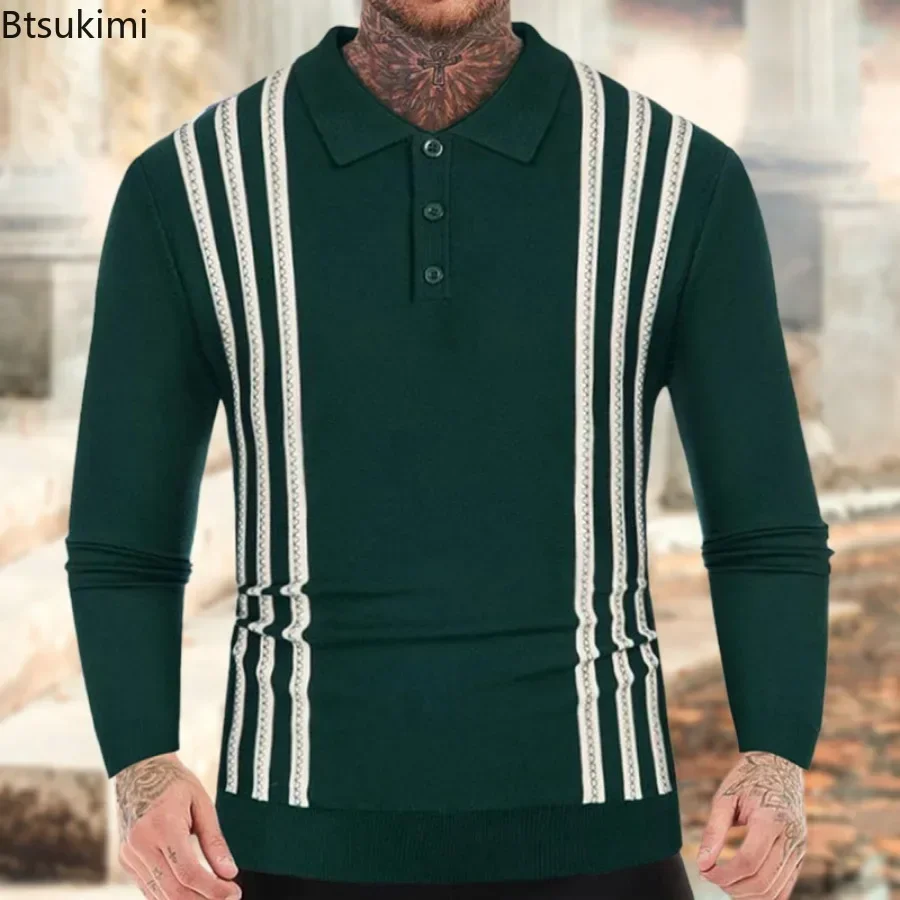 

New Spring Men's Clothing Fashion Casual Business Knit Sweater Long Sleeve Lapel Knitted Pullovers Tops Male Knitwear Polo Shirt