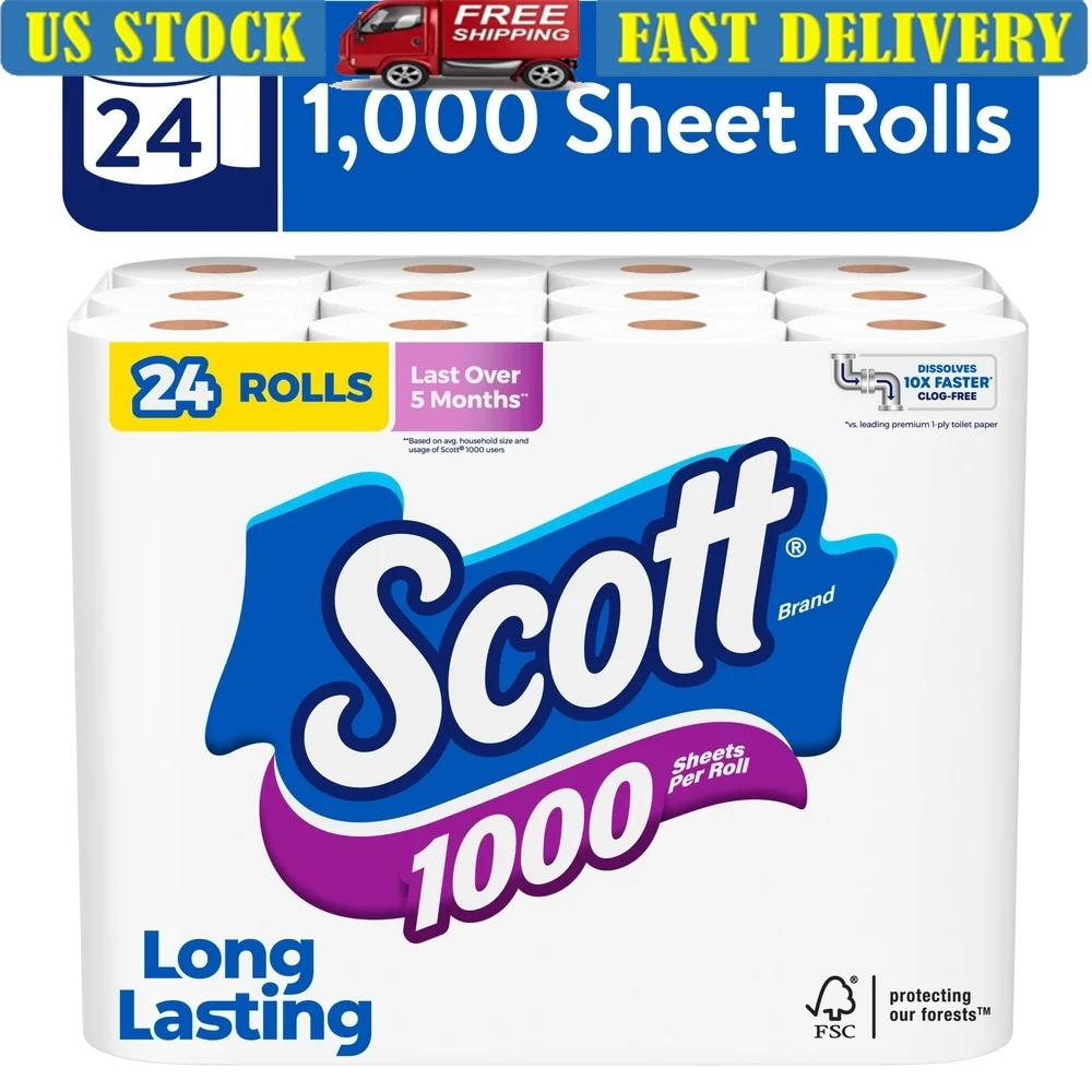

1000 Sheets Toilet Paper Rolls 24 Count Long Lasting Clog Free Dissolving Septic Safe 1 Ply Unscented Bath Tissue
