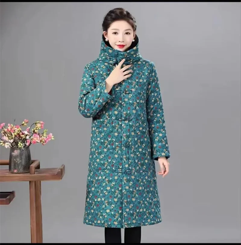 

Mom's Ethnic Style Autumn And Winter Women's Coat Mid Length Hooded Retro Button Thickened Cotton Jacket Mujer Abrigos Z3839