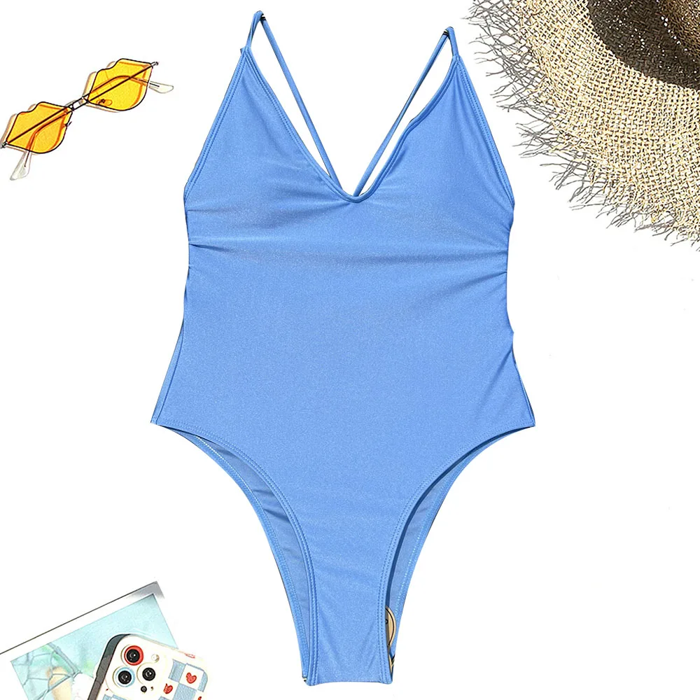 S-XL Solid Shiny Blue Deep V One Piece Swimsuit With Removable Bust Pads, Crisscross Lace Up Back Ruched High Cut Bathing Suit