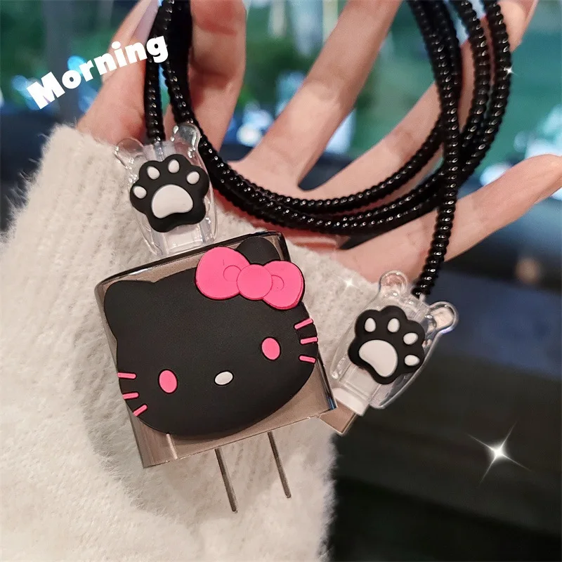 Hello Kitty Black For iphone Charger Protector Cover Case 18W/20W,3D Cartoon USB Data Cable Protector Case For Iphone 15 Pro Max