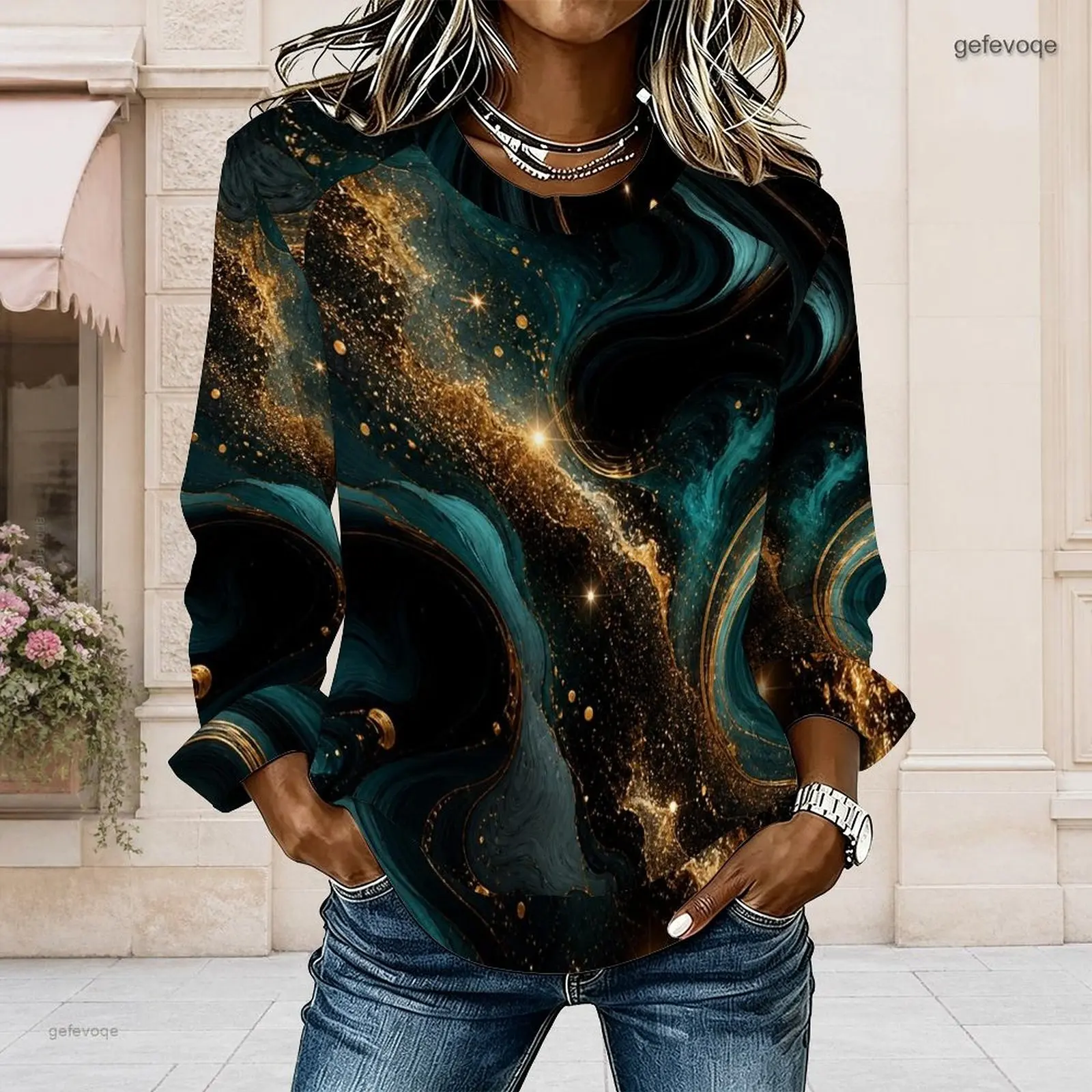 Women Red Black Abstract Swirl Printed Round Neck Long Sleeve Curved Hem Top