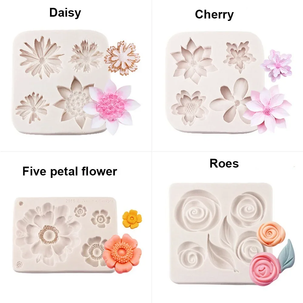 DIY 3D Rose Cherry Flower Shape Silicone Mold Chocolate Sugar Cookies Chocolate Mould Cake Lace Decoration Clay Mold Baking Tool