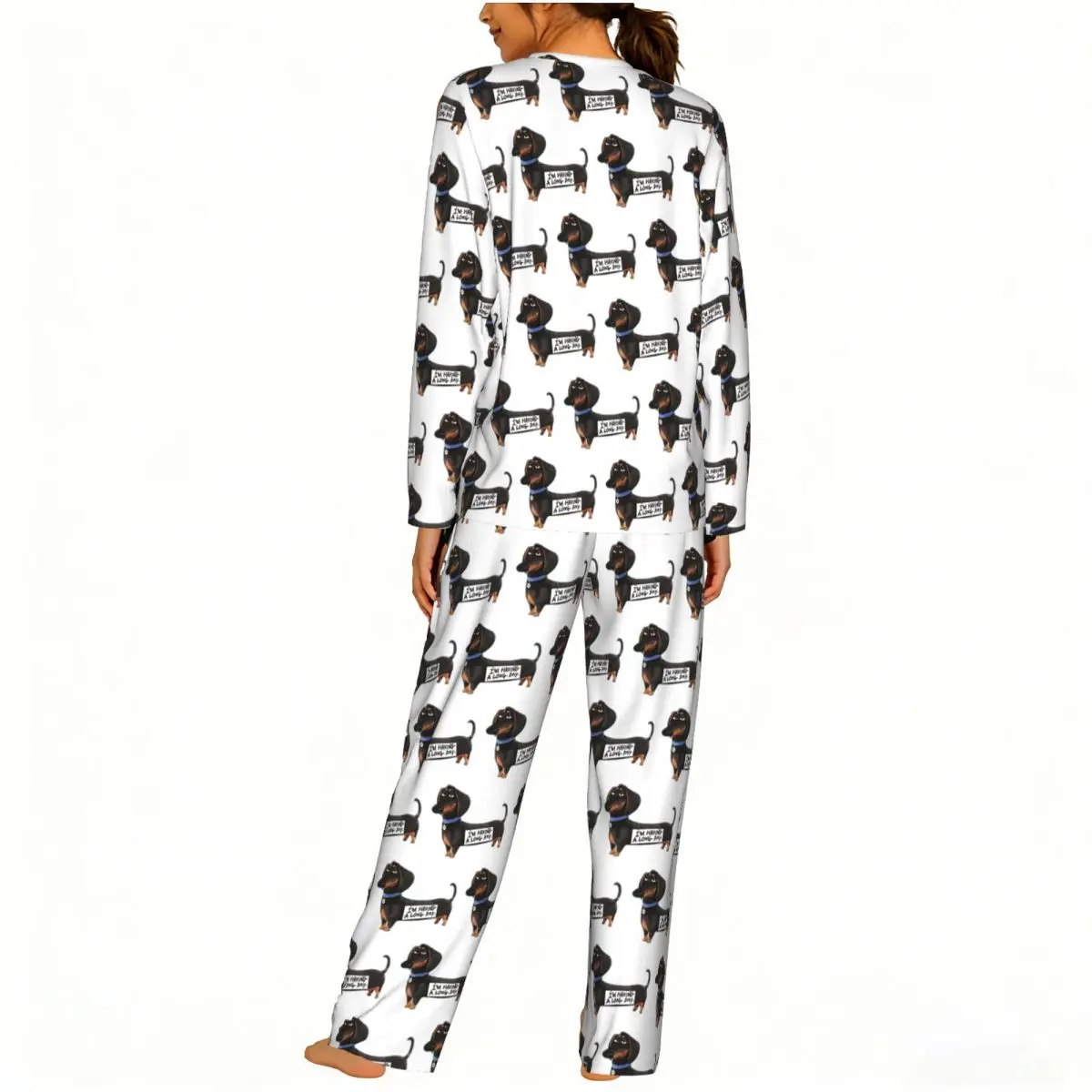 Dachshund Dog Funny Pupy Round Neck Long Sleeves Nightdress for Sleeping Sleepshirts Women Loose Pajama Set Long Pants 5