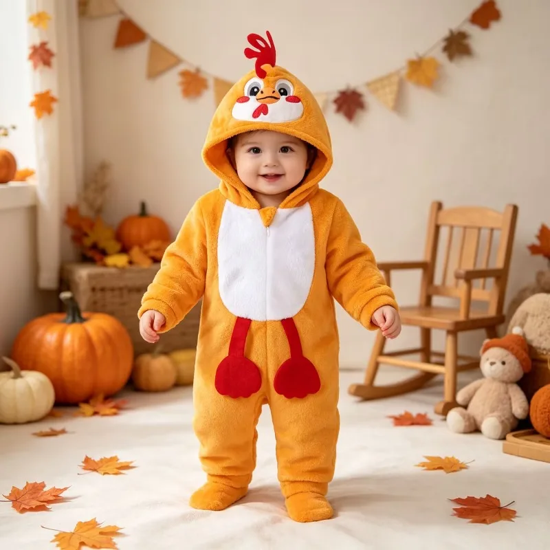 Newborn Baby Animal Costume Orange Chicken Romper Hooded Plush Fleece Jumpsuit with Feet Cute Warm Outfit 0 24M