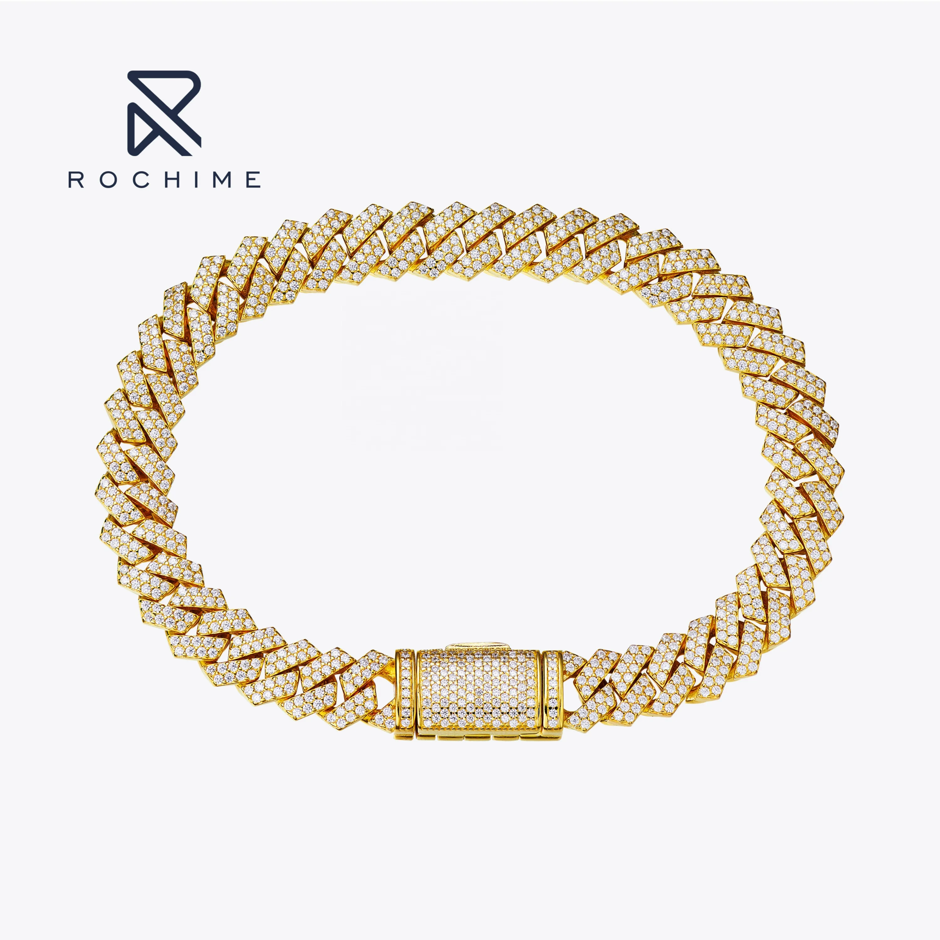 Rochime In Stock 8mm Vintage Jewelry Bling Iced Out Cuban Link Chain Bracelet 925 Silver Gold Plated Jewelry