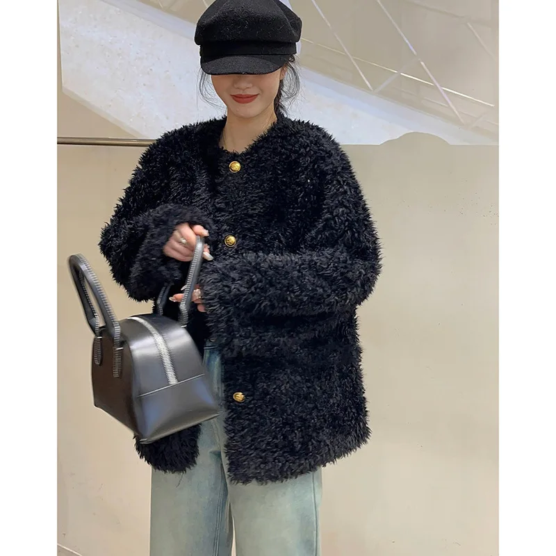Casacos de pele do falso feminino em torno do pescoço casaco de comprimento médio grosso quente y2k streetwear elegante ponto aberto outono inverno jaquetas