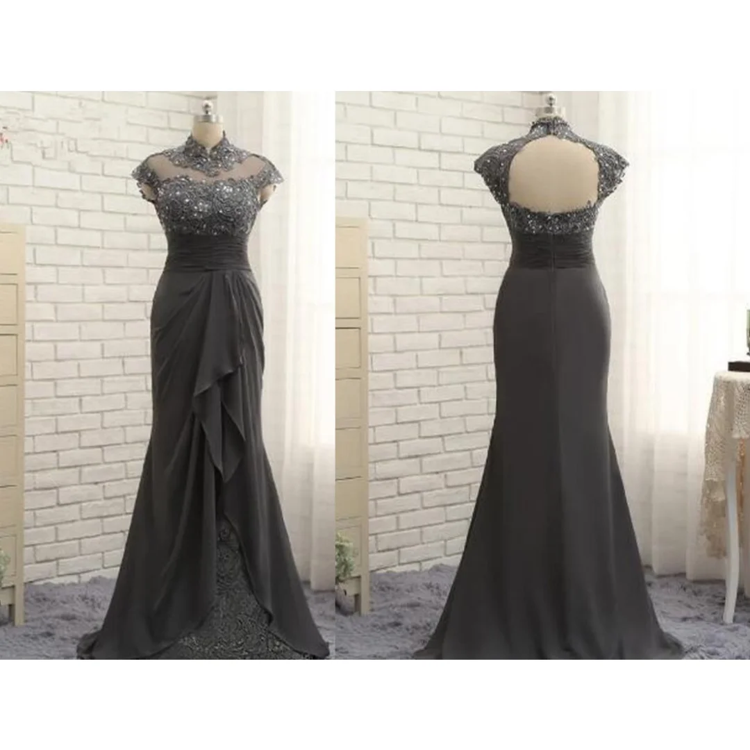 Personalizado delicado jérsei sereia rendas pérolas vestido de noite alta qualidade mangas curtas gola alta vestidos ocasião especial