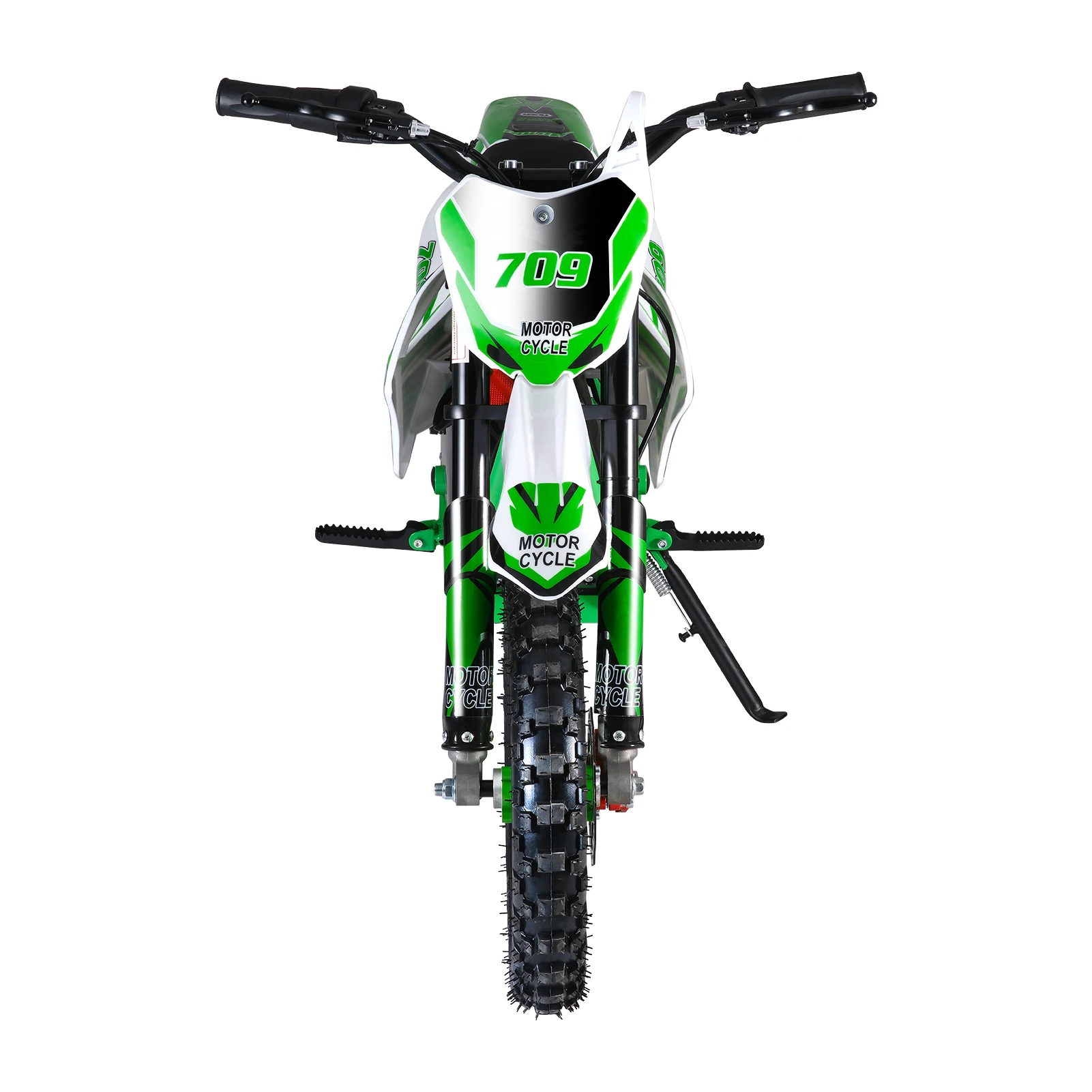 Groene mini-crossmotor, raket elektrische motorfiets met terreinband, met mechanische schijfremmen motor, elektrische pocketmotor