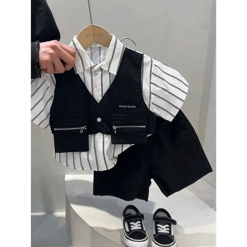 

Boys Set Summer Short Sleeved Fake Two-piece Set Childrens Summer Cool Childrens College Style Two-piece Set Boys Clothes