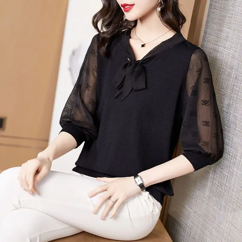 Women Summer Fashion Chiffon Large Size Appear Thin Net Yarn 3/4 Sleeve Shirts Women Clothes Simplicity Casual All-match Tops