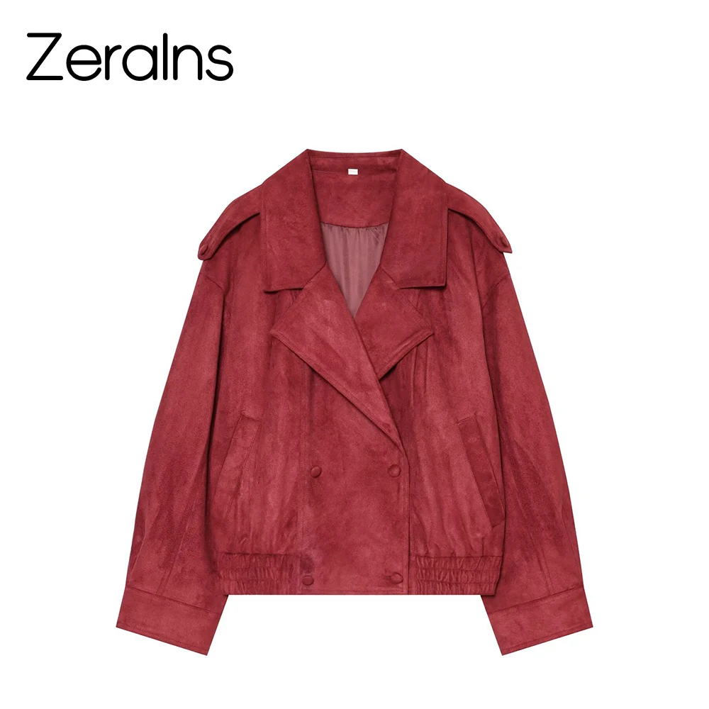 

ZERAINS Summer new women's collar long sleeved double breasted suede leather jacket with trip strap short jacket