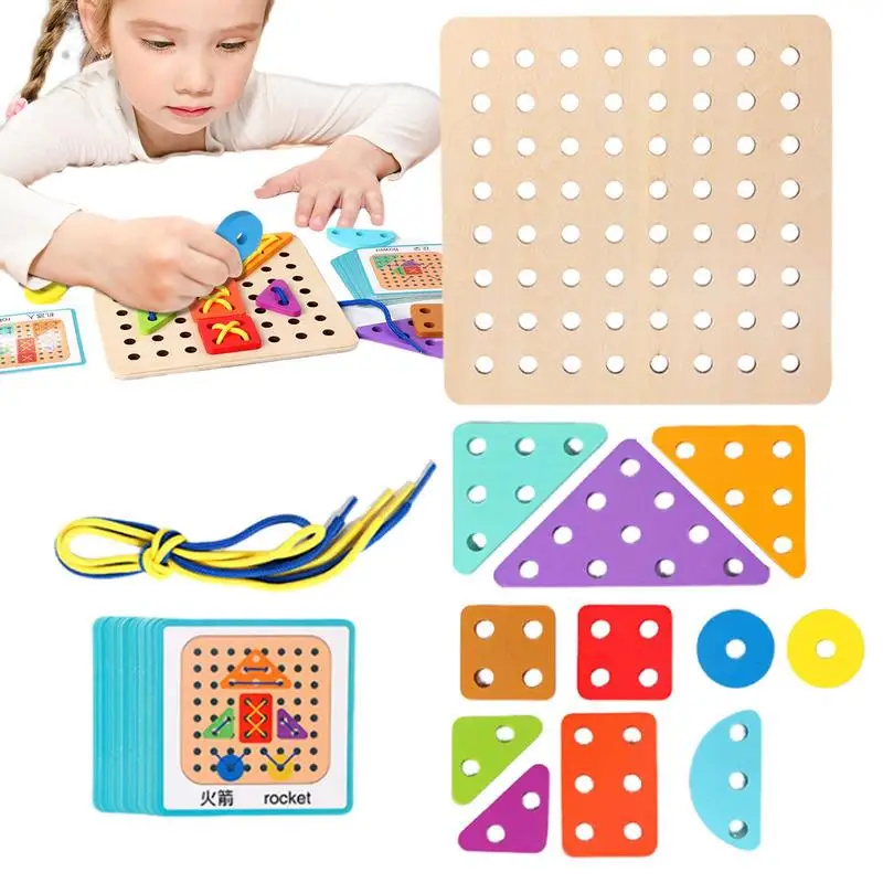 Shoe Lacing Board Threading Rope Loop Puzzle Fun Learning Toys Board Games With 20 Pcs Cards For Children Logic Game STEM