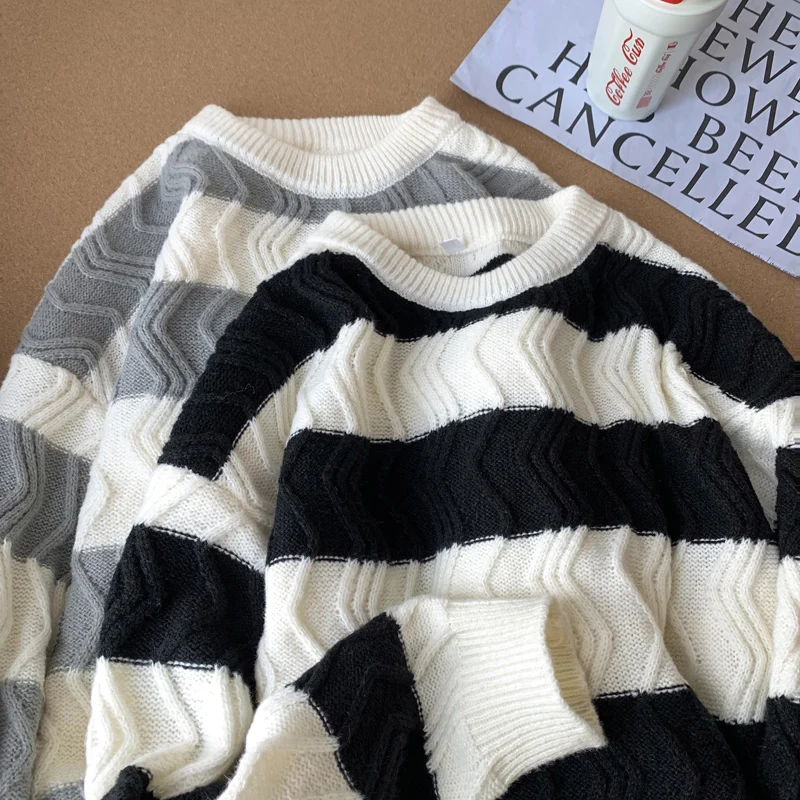 

Мужской вязаный свитер с круглым вырезом, утепленный, в полоску, свободного кроя, в американском ретро-стиле, весна-осень, новинка, повседневная одежда