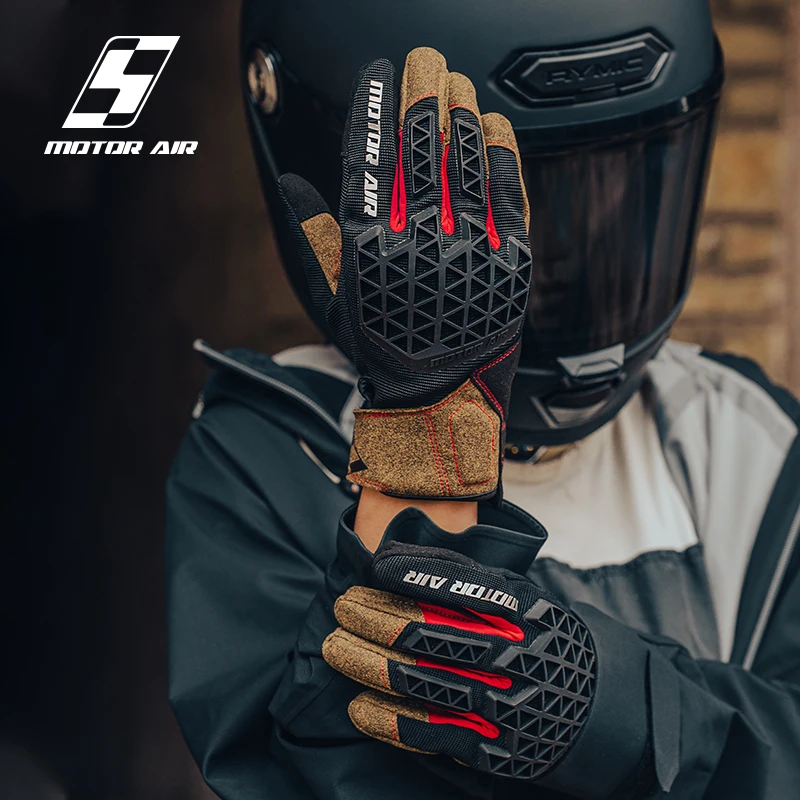 New Black&Brown Motorcycle Gloves Grid Leather Riding Anti-slip Wear-resistant Summer Breathable Touch Screen Cycling Equipemt