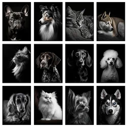 Black and White Dog Cat Poster Pet French Bulldog Dachshund Portrait Print Canvas Painting Wall Art Picture for Home Room Decor