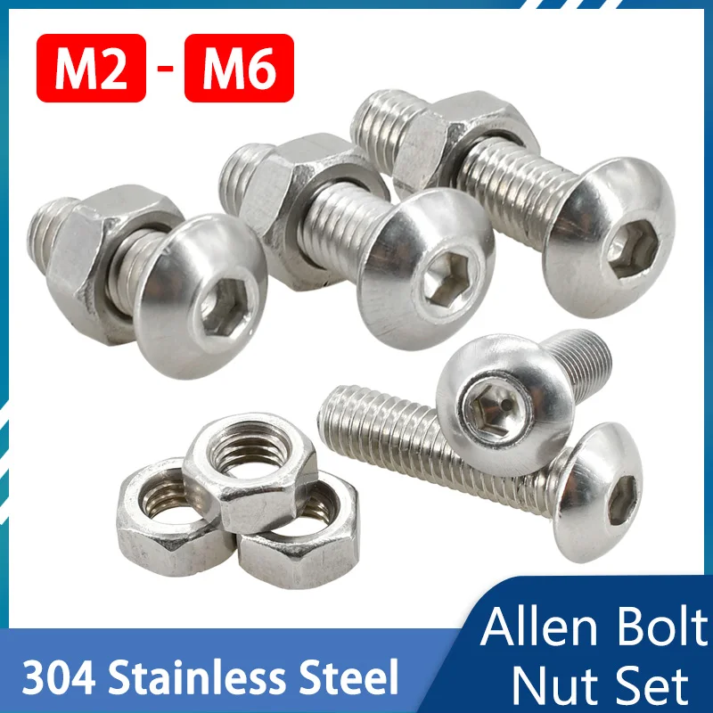 M2 M3 M4 M5 M6 Nuts and Bolts Set 304 Stainless Steel Hexagon Button Hex Socket Fairing Bolt Assortment Kit Thread Allen Screws