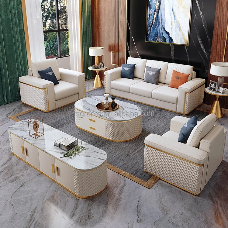 Custom Elegant Living Room Furniture Set White PU Leather Gold Metal Sofa Set Modern Sofa