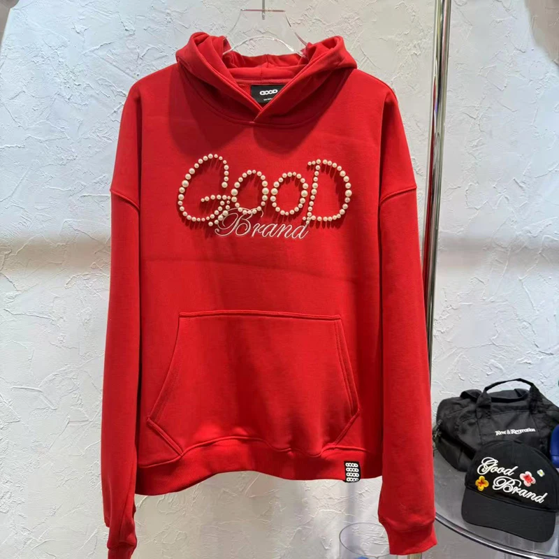 الرجال النساء اليومية عارضة GOODBRAND البلوز البلوز احتفالي الأحمر طبعة محدودة رائعة اللؤلؤ السنة الجديدة فضفاضة جيدة هوديي #2