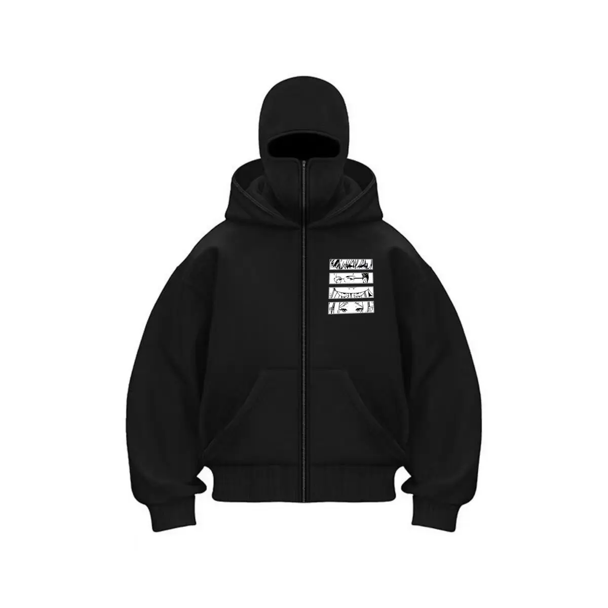 Anime Eyes Manga Expression Art Men's Double Hood Balaclava Zip Hoodie Winter Warm