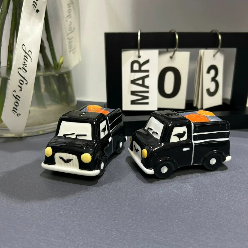 Halloween Black Truck Ceramic Salt and Pepper Shakers Set, Pumpkin Vintage Car Spice Containerr for Home Kitchen Table Decor
