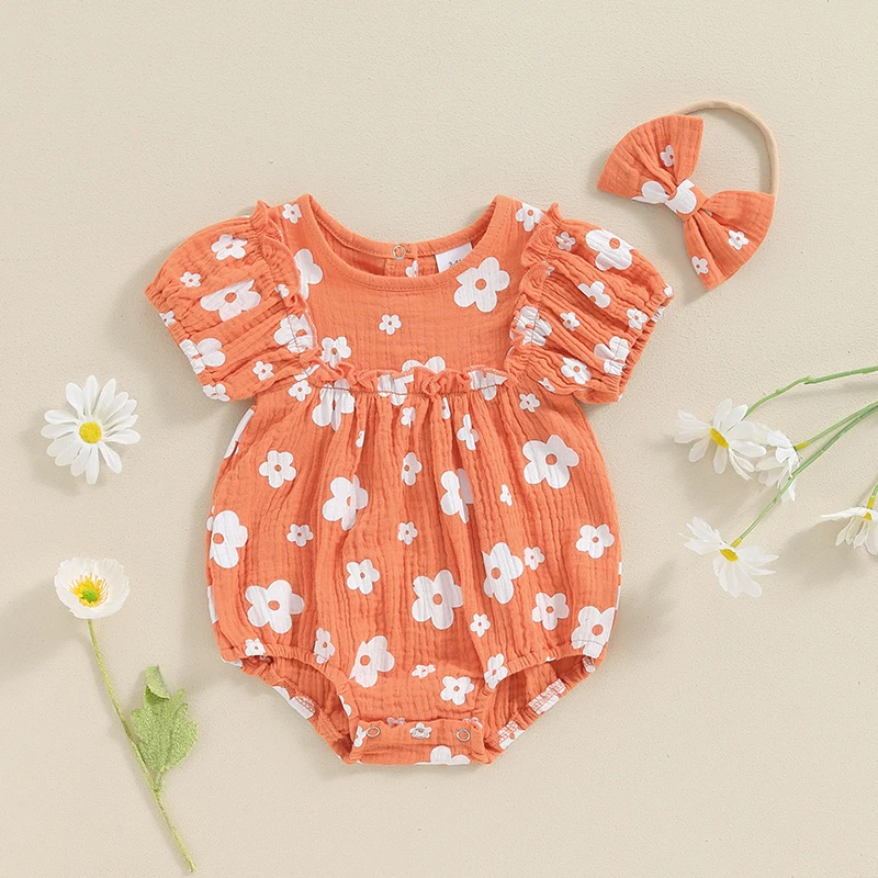 Toddler Baby Girl 2Pcs Summer Outfits Ruffle Short Sleeve Floral Print Frill Romper with Headband Clothes Set Newborn Jumpsuit