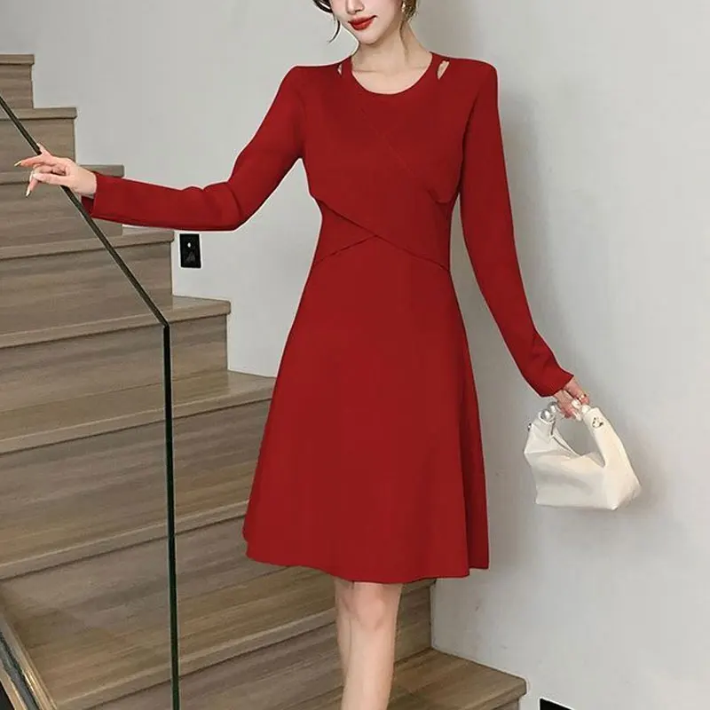 Fashion Cross Strap Midi Dress Women's Clothing Solid Color Basic Autumn Winter Fake Two Pieces Hollow Out Gentle A-Line Dresses