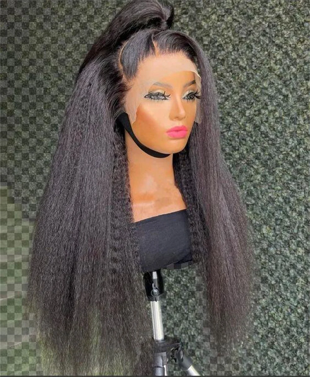 Peluca frontal de encaje Yaki para mujer, pelo de bebé liso y rizado, color negro Natural, 26 pulgadas, 180de densidad, predesplumada, resistente al calor, sin pegamento