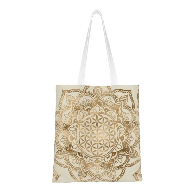 Mandala Flower Of Life In Lotus Grocery Shopping Bags Printed Canvas Shopper Shoulder Tote Bags Sacred Geometry Handbag