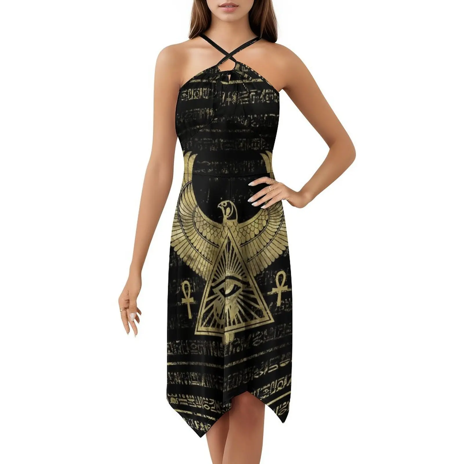 Египетское глаз Гора-Wadjet золотое и черное богемное платье без рукавов для женщин с принтом пляжные вечерние платья Horus Eye Of Horus