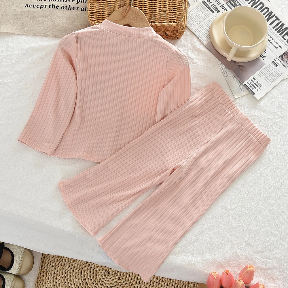 Spring and Autumn New Solid Color Kids Home Suit Bow Long Sleeved Cardigan Top + Pants Two-piece Set Pink Baby Girls Clothes