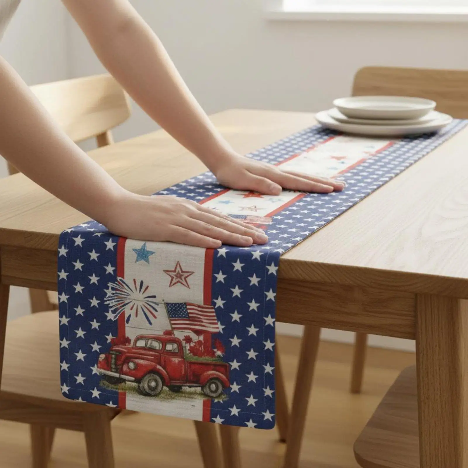 Polyester Placemat Patriotic American Flag Table Runner Stars Stripes Dining Table Decor for Independence Day Memorial Veterans