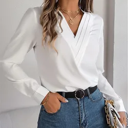 Office Lady Slim White Pullover Blouse Tops 2024 Autumn/winter Elegant Solid Color Layered V-neck Long Sleeved Shirt Femme Blusa