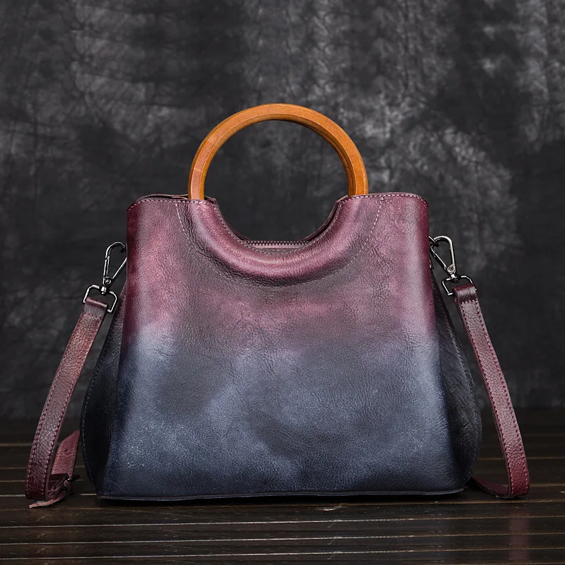 Vegetable-tanned genuine leather women's bag, hand-painted, retro color-blocking hand-held crossbody bag