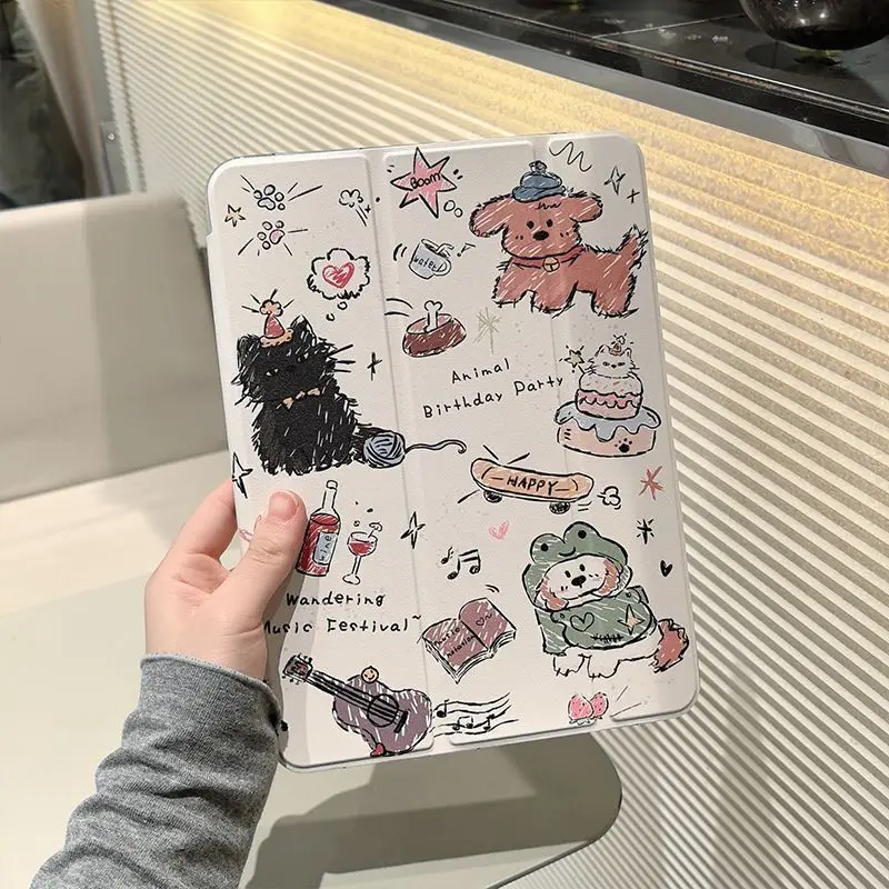 

Чехол для iPad Pro Air 13 11 M5 M4 M3 M2 2 1 11th A16 12.9" 10 9 8 7 6 5 Th Mini 7 6 5 4 7.9" с милым дизайном кошки и собаки, музыкальной вечеринки и домика